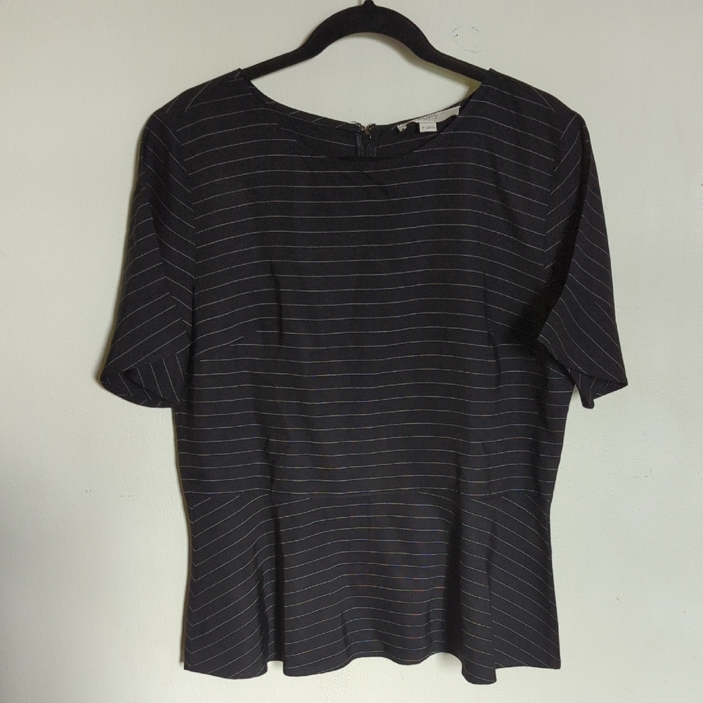 Loft Pinstripe Peplum Blouse Black & White Short Sleeve Office Women's Size 10